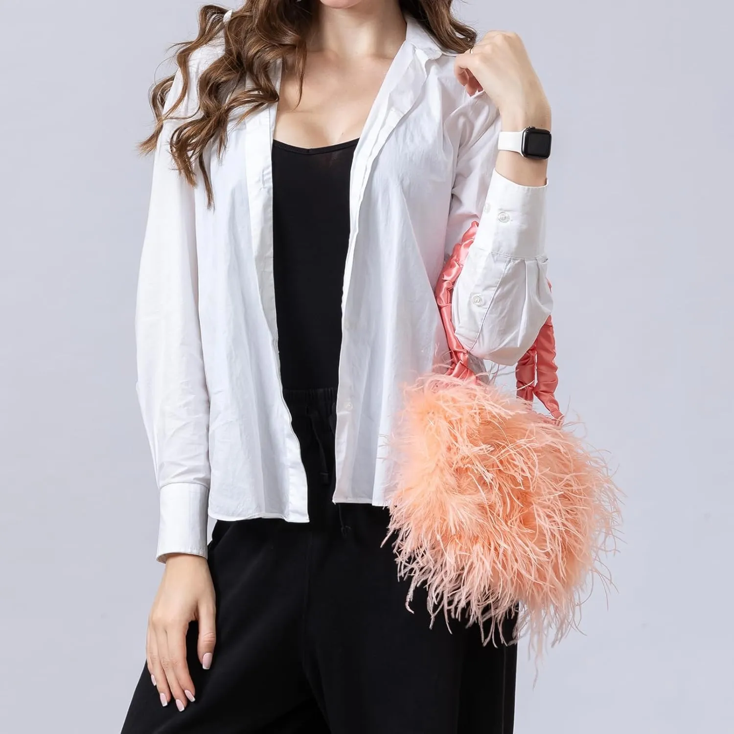 LVCOMEFF Women Ostrich Feather Purse Handbag Holiday Y2K Hobos Shoulder Bag with Pleated Strap for Party Prom