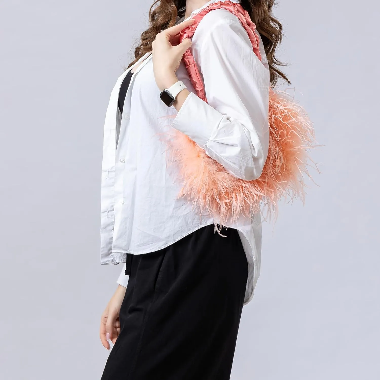LVCOMEFF Women Ostrich Feather Purse Handbag Holiday Y2K Hobos Shoulder Bag with Pleated Strap for Party Prom