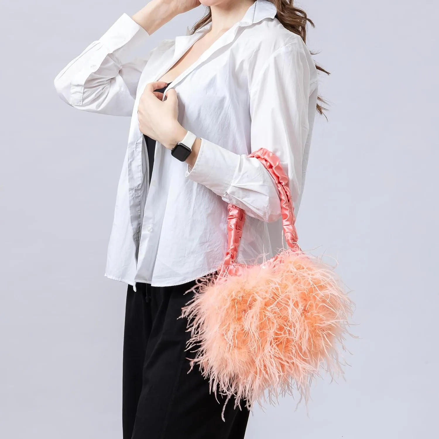 LVCOMEFF Women Ostrich Feather Purse Handbag Holiday Y2K Hobos Shoulder Bag with Pleated Strap for Party Prom