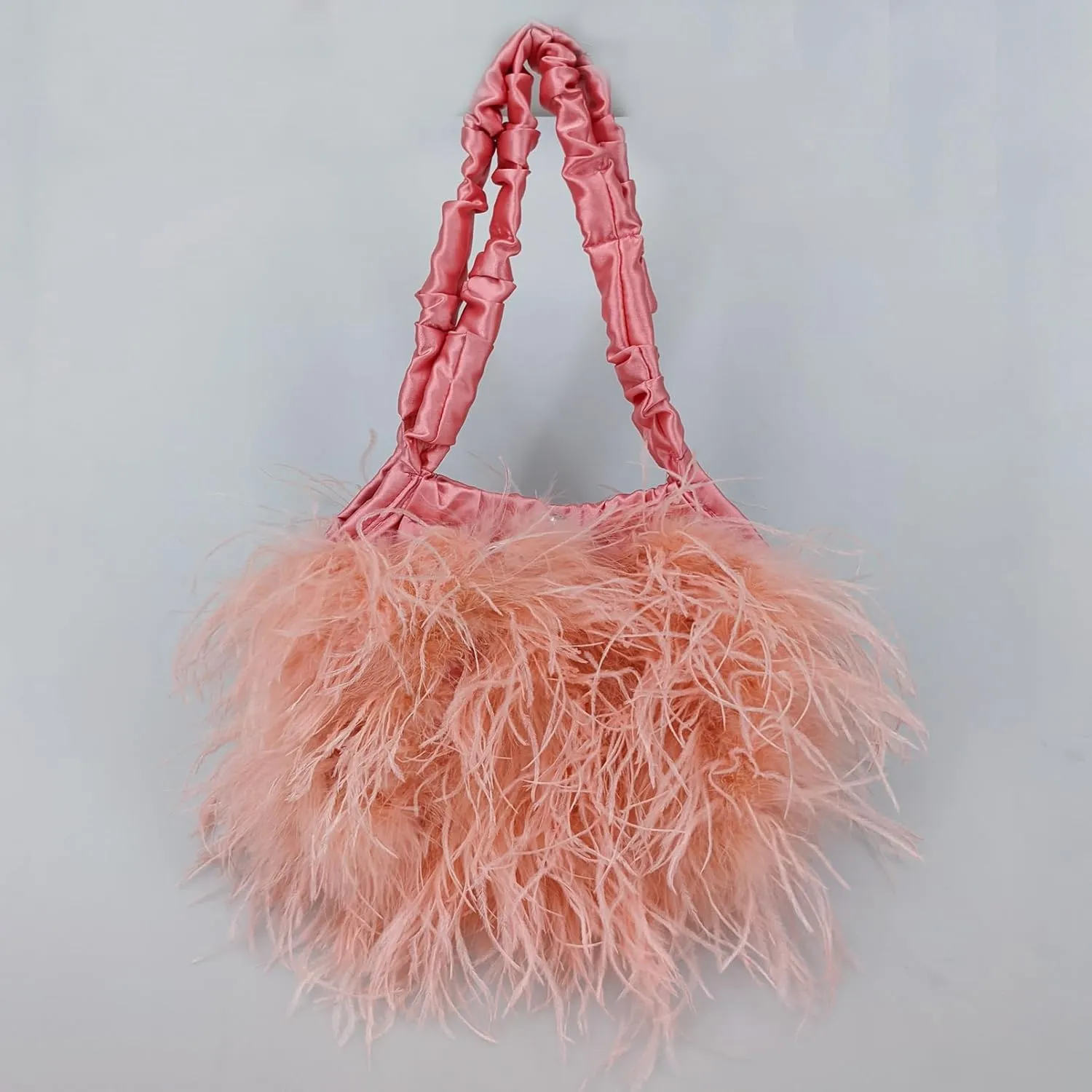 LVCOMEFF Women Ostrich Feather Purse Handbag Holiday Y2K Hobos Shoulder Bag with Pleated Strap for Party Prom