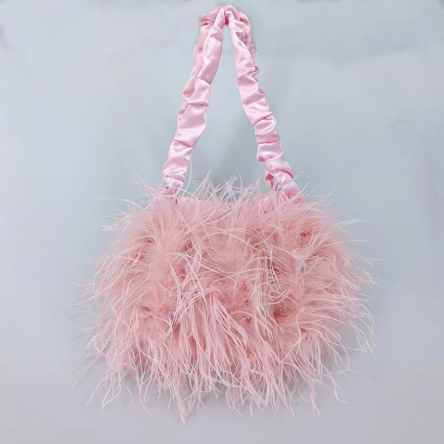 LVCOMEFF Women Ostrich Feather Purse Handbag Holiday Y2K Hobos Shoulder Bag with Pleated Strap for Party Prom