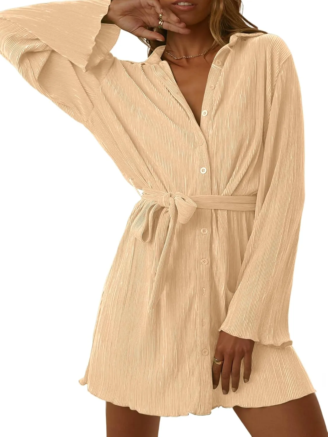LYANER Women's Collar V Neck Button Down Pleated Long Sleeve Mini Shirt Dress with Belt