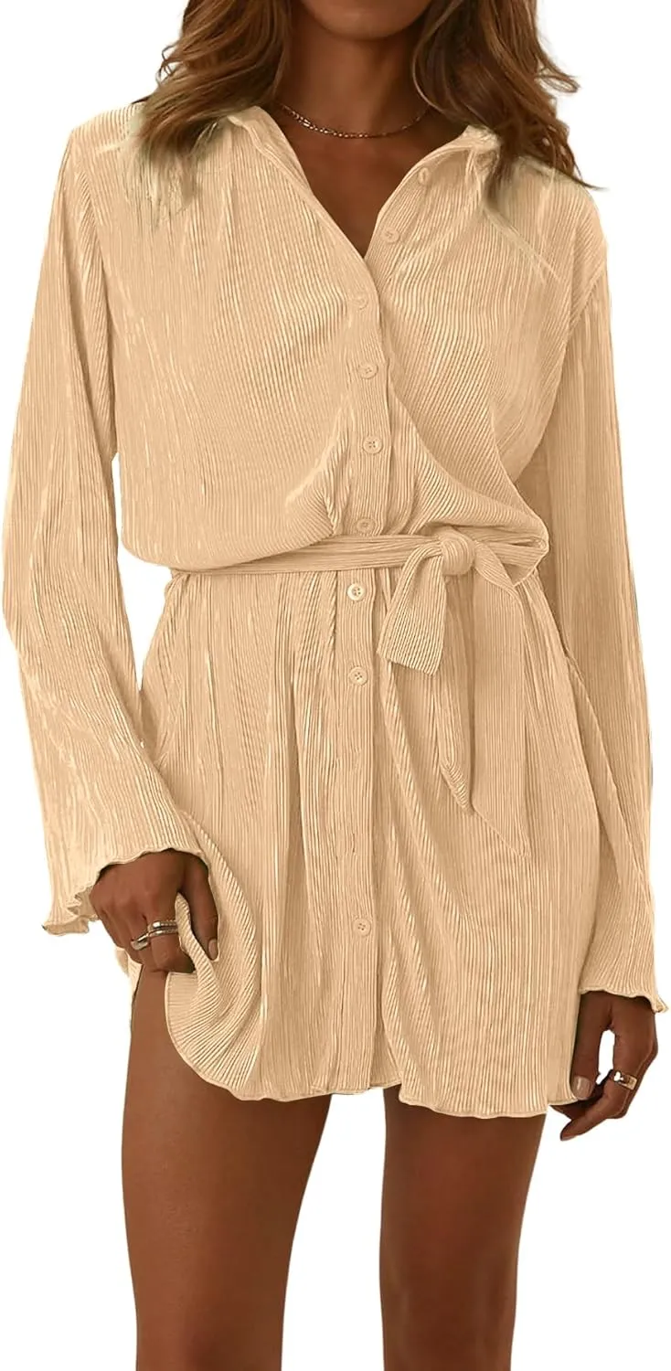 LYANER Women's Collar V Neck Button Down Pleated Long Sleeve Mini Shirt Dress with Belt