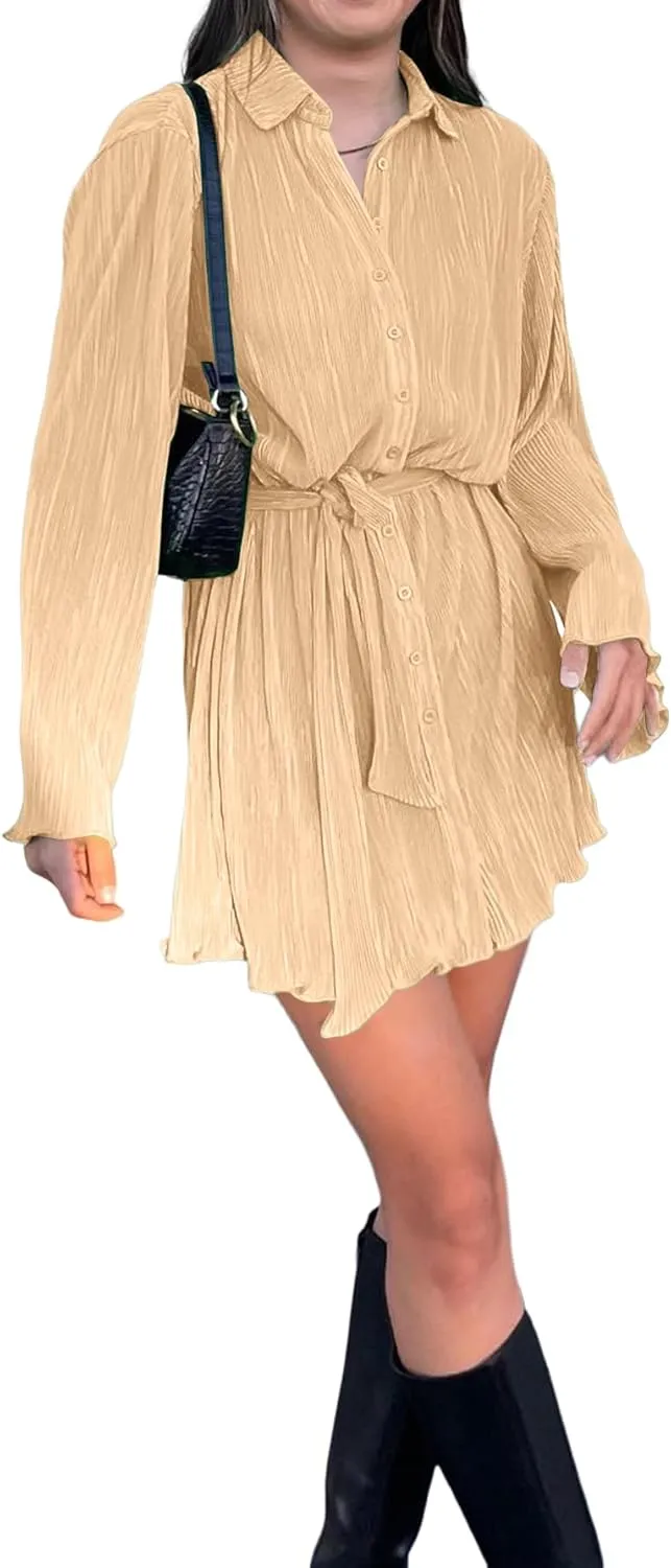 LYANER Women's Collar V Neck Button Down Pleated Long Sleeve Mini Shirt Dress with Belt
