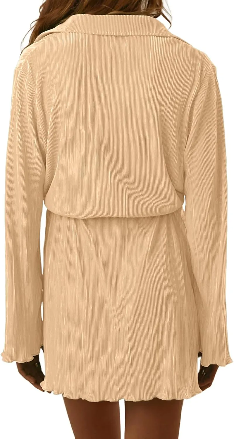 LYANER Women's Collar V Neck Button Down Pleated Long Sleeve Mini Shirt Dress with Belt