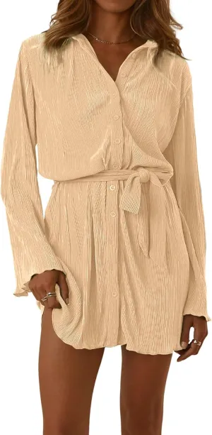 LYANER Women's Collar V Neck Button Down Pleated Long Sleeve Mini Shirt Dress with Belt