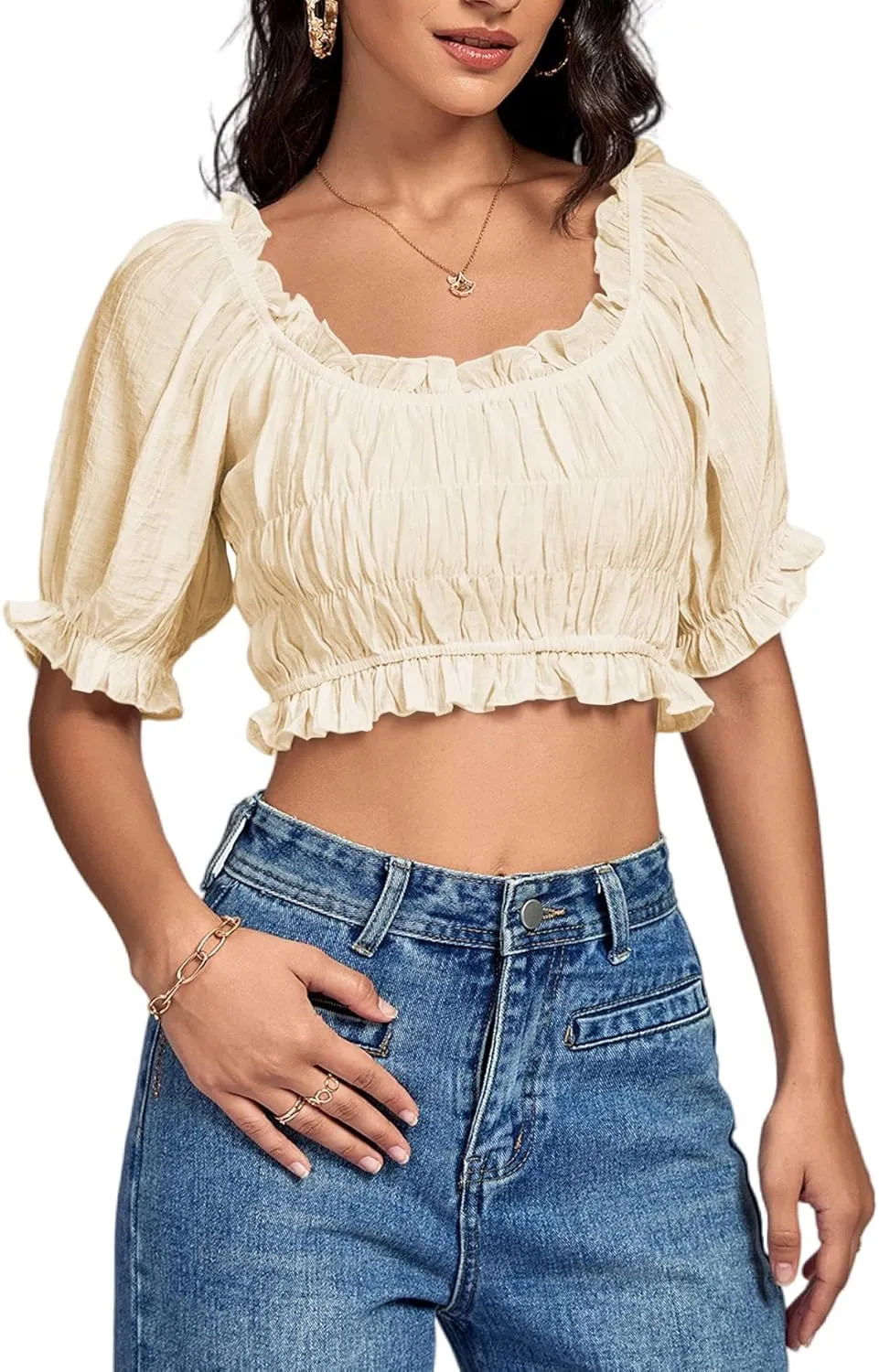 LYANER Women's Off Shoulder Ruffle Trim Ruched Short Sleeve Blouse Crop Top