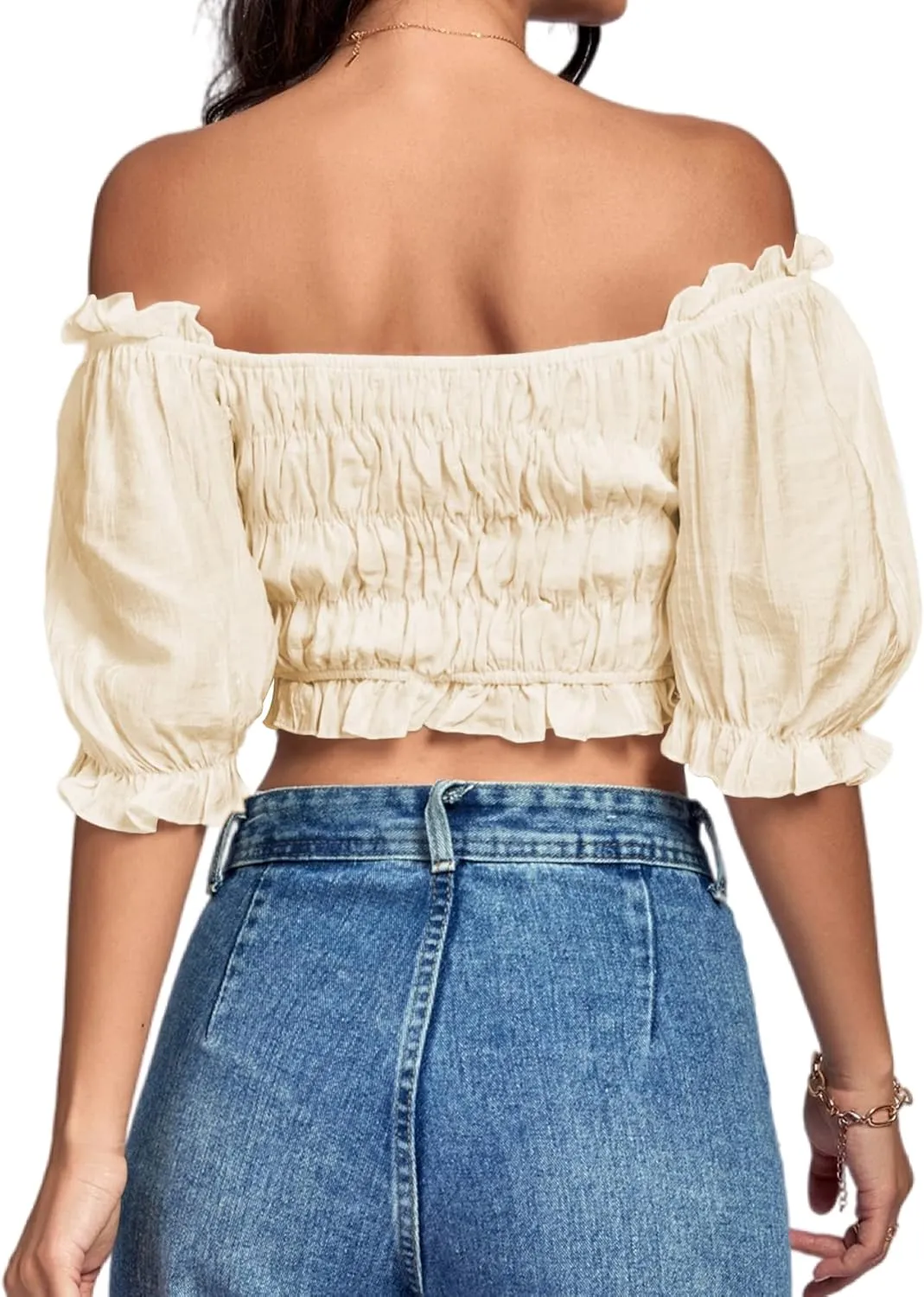 LYANER Women's Off Shoulder Ruffle Trim Ruched Short Sleeve Blouse Crop Top
