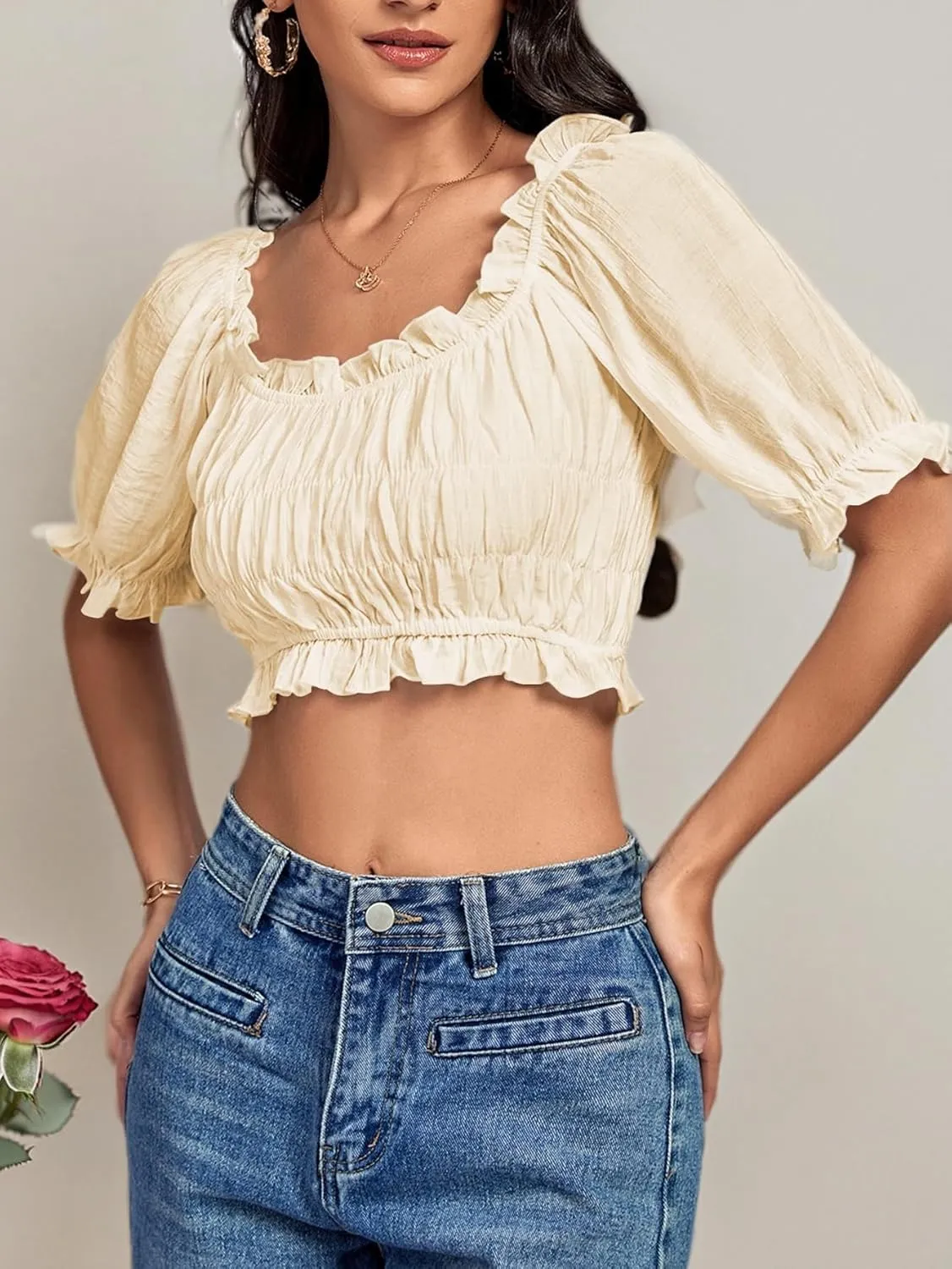 LYANER Women's Off Shoulder Ruffle Trim Ruched Short Sleeve Blouse Crop Top