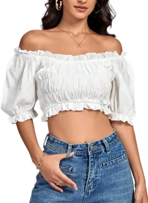 LYANER Women's Off Shoulder Ruffle Trim Ruched Short Sleeve Blouse Crop Top