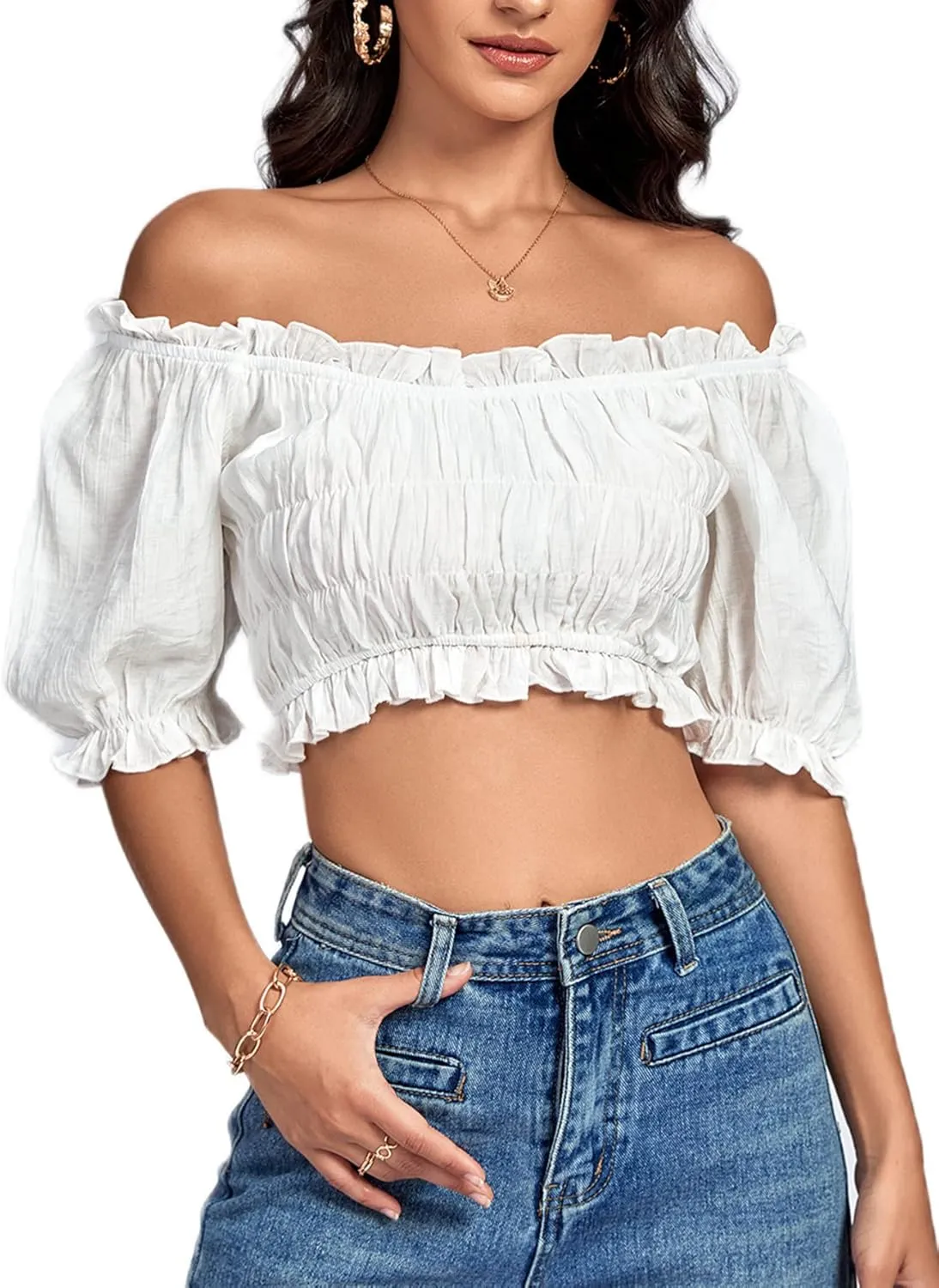 LYANER Women's Off Shoulder Ruffle Trim Ruched Short Sleeve Blouse Crop Top