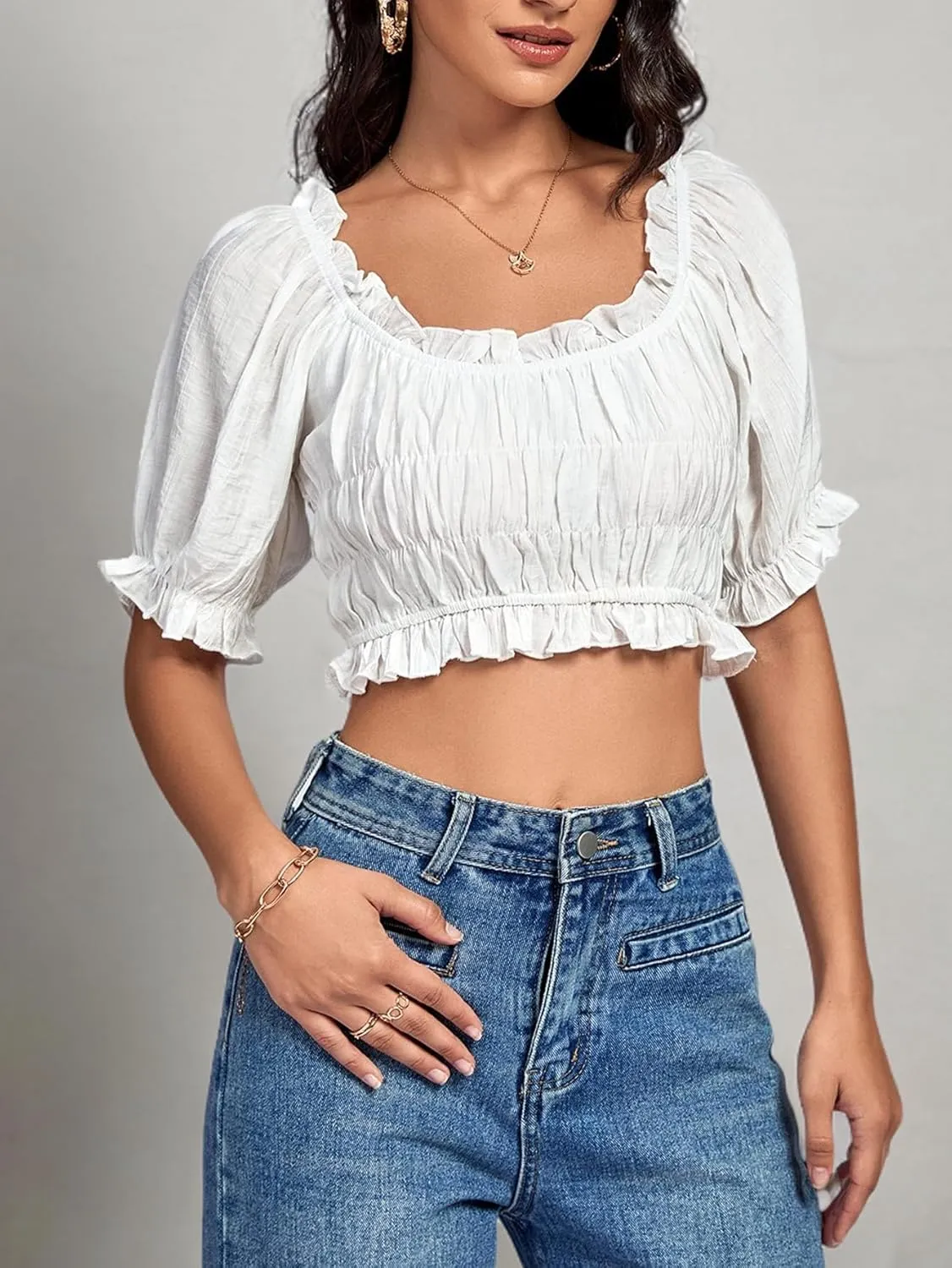LYANER Women's Off Shoulder Ruffle Trim Ruched Short Sleeve Blouse Crop Top