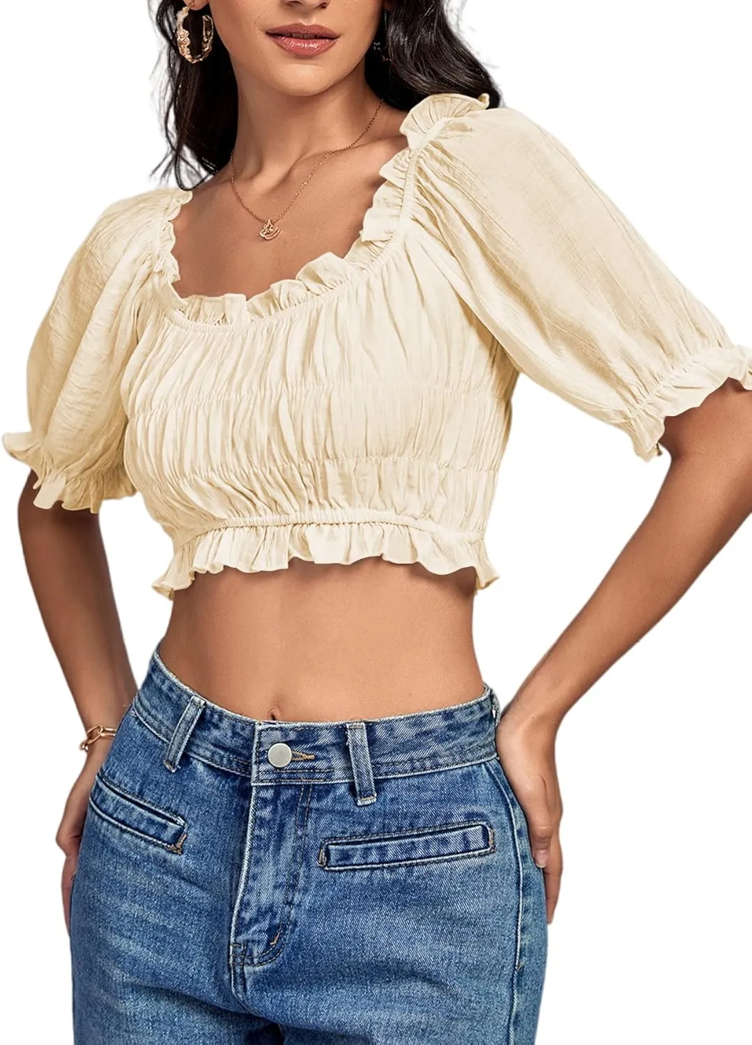 LYANER Women's Off Shoulder Ruffle Trim Ruched Short Sleeve Blouse Crop Top