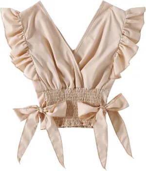 LYANER Women's V Neck Ruffle Cap Sleeve Side Bow Knot Shirred Hem Blouse Crop Tank Top