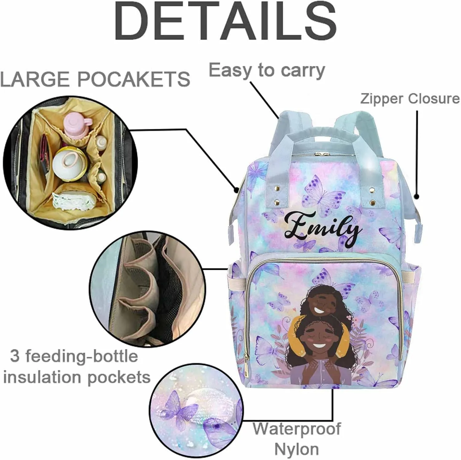 M YESCUSTOM Personalized Baby Diaper Bag with Name Custom Butterfly Print Mommy Nursing Daypack with Large Capacity Mother's Day Gift