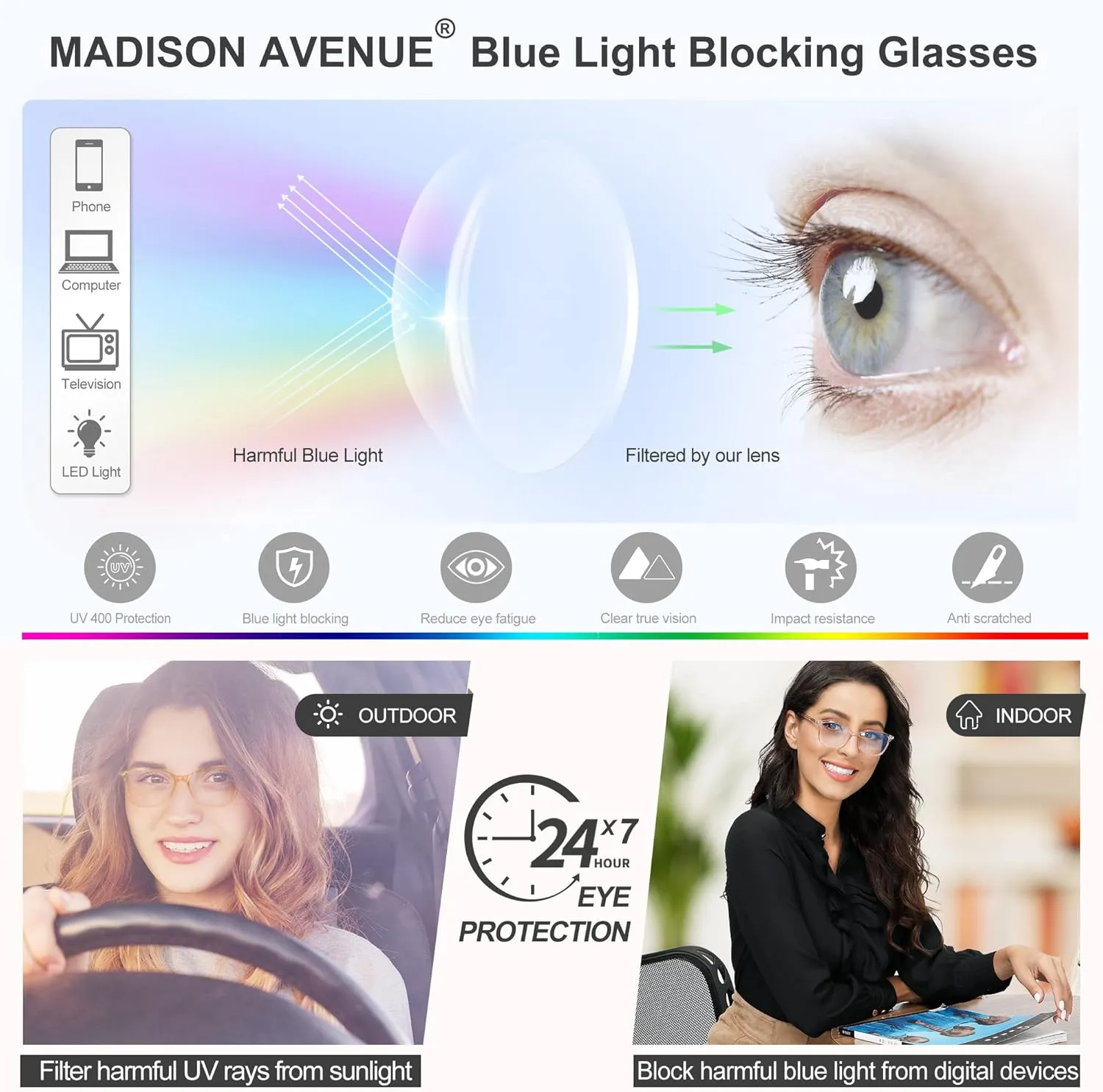 Madison Avenue Blue Light Blocking Glasses Anti Eyestrain UV Glare Blue Light Glasses for Women TV Phone Computer Gaming Eyeglasses (Black)