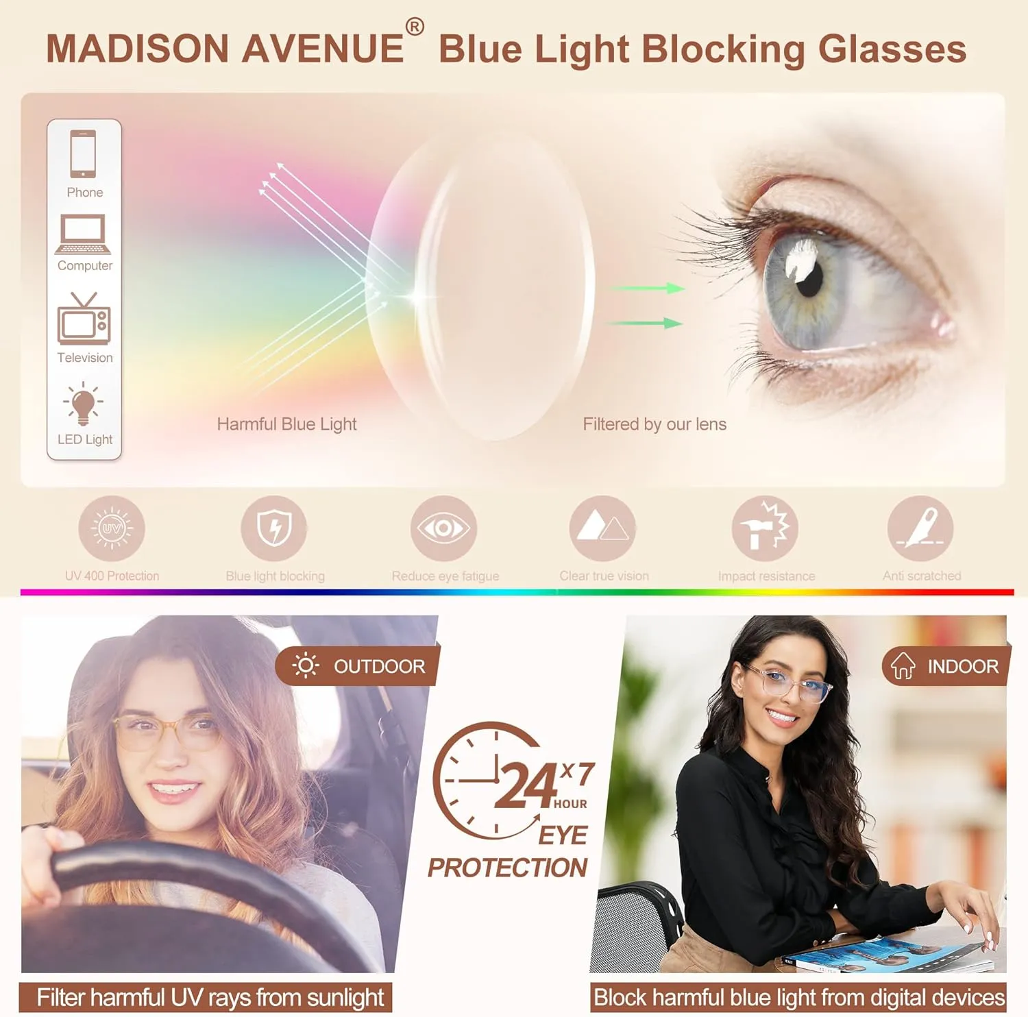 Madison Avenue Blue Light Blocking Glasses Anti Eyestrain UV Glare Blue Light Glasses for Women TV Phone Computer Gaming Eyeglasses (Demi)