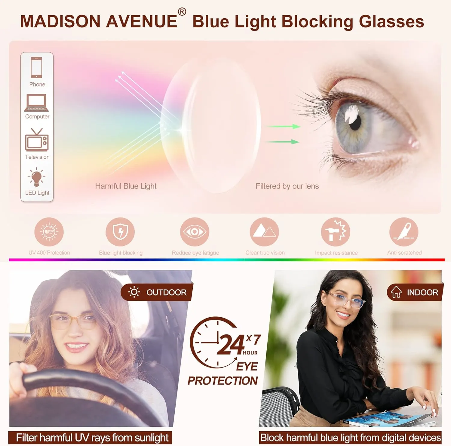 Madison Avenue Blue Light Blocking Glasses Anti Eyestrain UV Glare Blue Light Glasses for Women TV Phone Computer Gaming Eyeglasses Liberty (Crystal Brown)