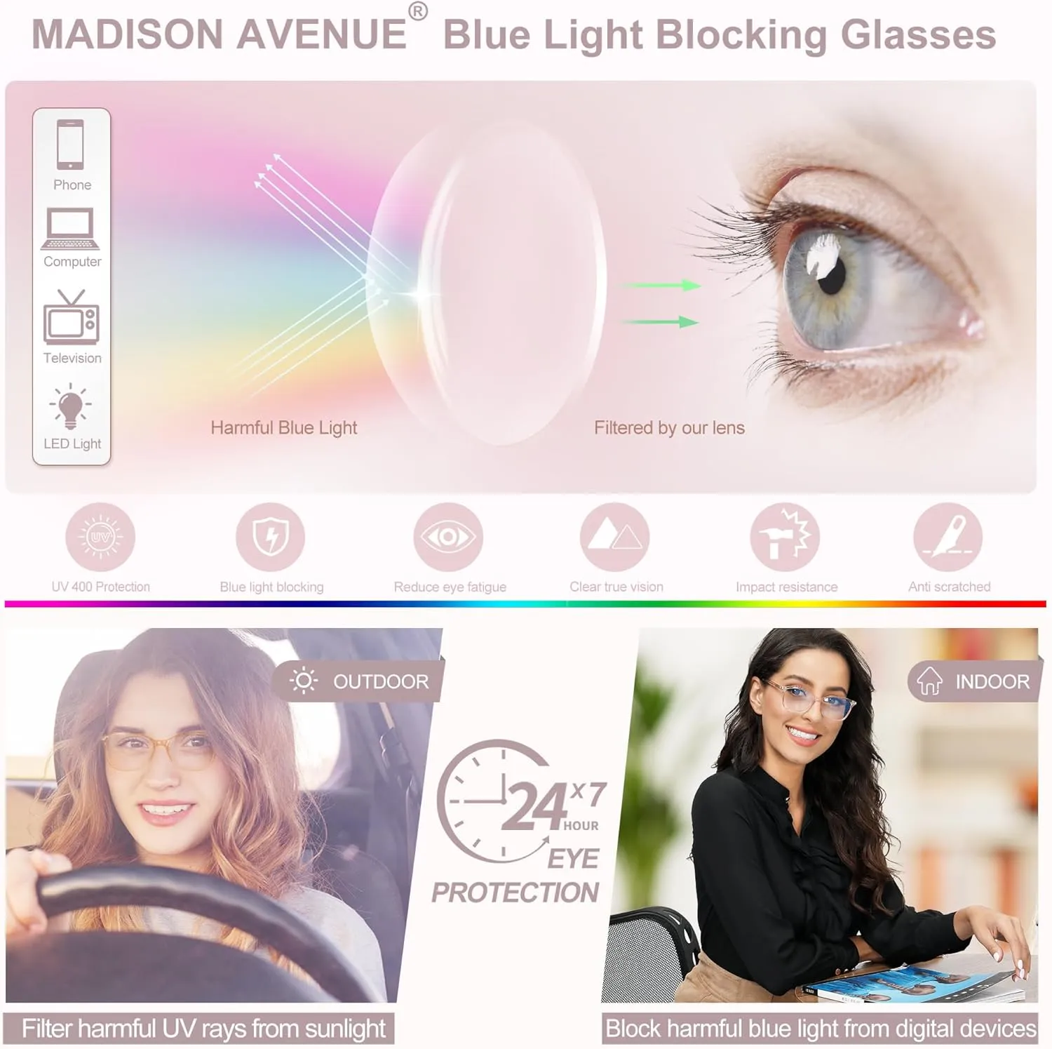 Madison Avenue TR90 Blue Light Blocking Glasses Anti Eyestrain UV Glare Blue Light Glasses for Women TV Phone Computer Gaming Eyeglasses (Nude Pink)