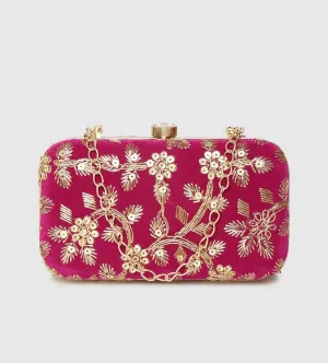 Magenta Clutch with Sequin Work and Embroidery
