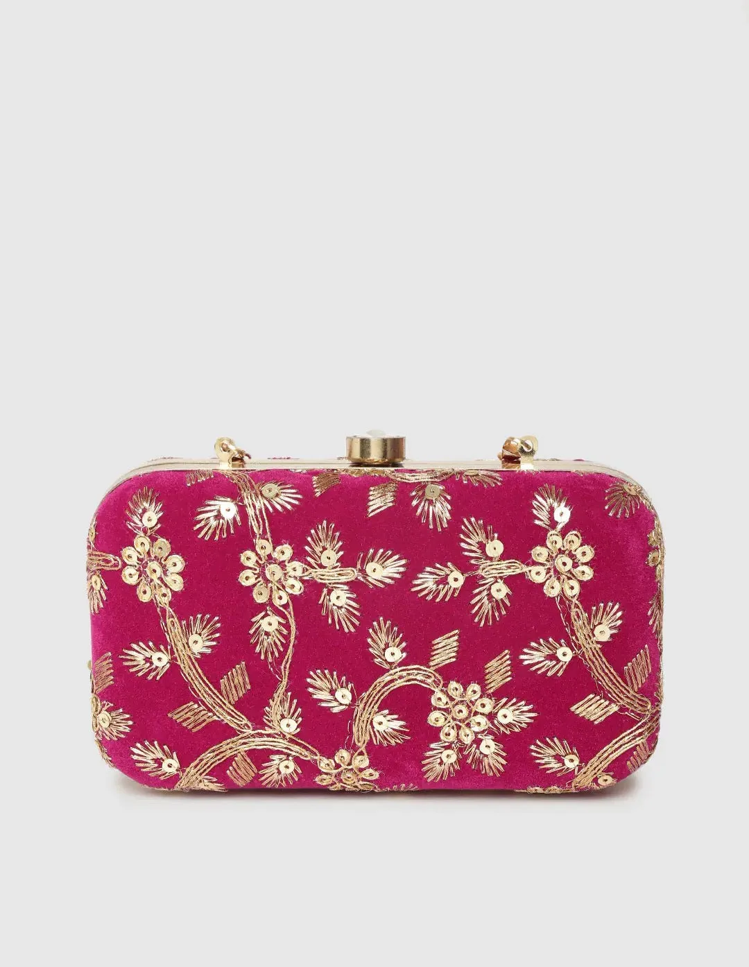 Magenta Clutch with Sequin Work and Embroidery