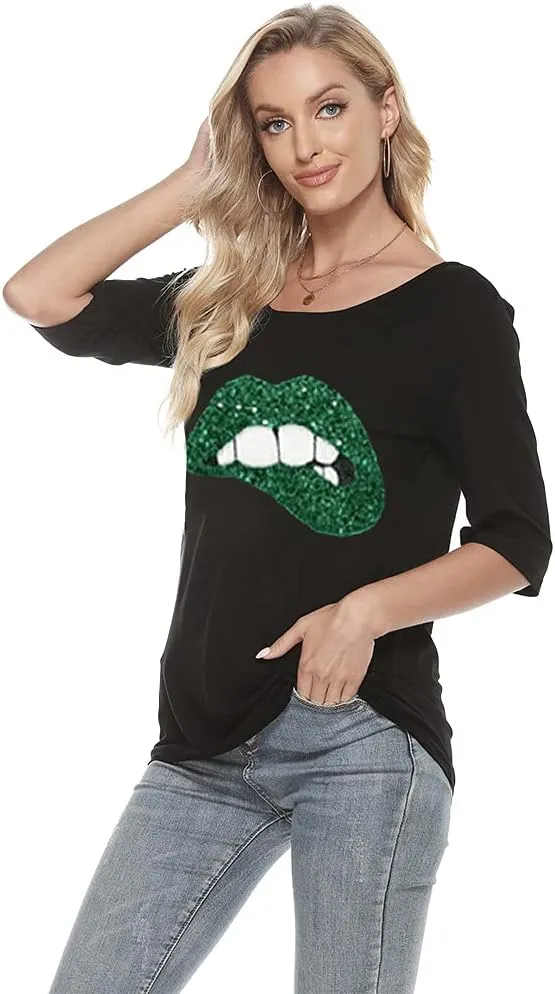 MAGICMK Women Casual Plus Size Lips Print Off Shoulder T-Shirt Tops