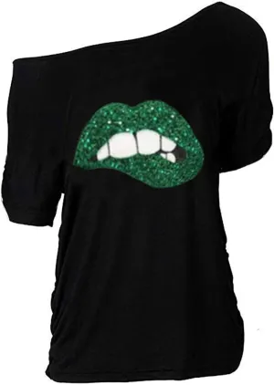 MAGICMK Women Casual Plus Size Lips Print Off Shoulder T-Shirt Tops