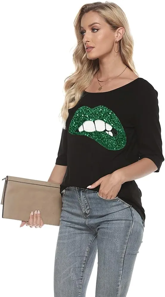 MAGICMK Women Casual Plus Size Lips Print Off Shoulder T-Shirt Tops