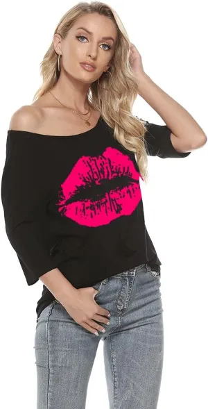MAGICMK Women Casual Plus Size Lips Print Off Shoulder T-Shirt Tops