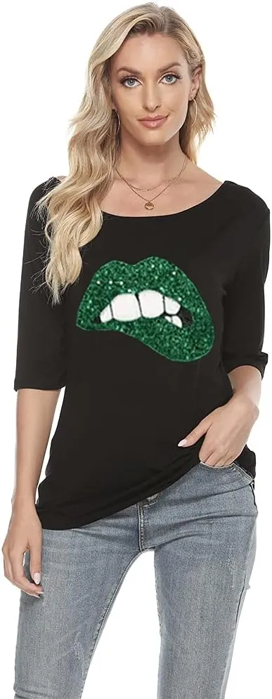 MAGICMK Women Casual Plus Size Lips Print Off Shoulder T-Shirt Tops