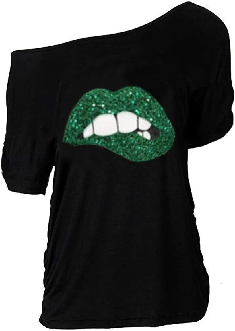 MAGICMK Women Casual Plus Size Lips Print Off Shoulder T-Shirt Tops