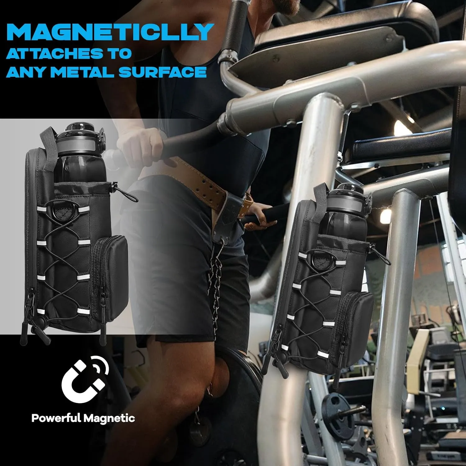 Magnetic Gym Bag for Men and Women, Magnetic Water Bottle Holder for Gym, Small Gym Bag, Gym Gifts for Women and Men (All Black)