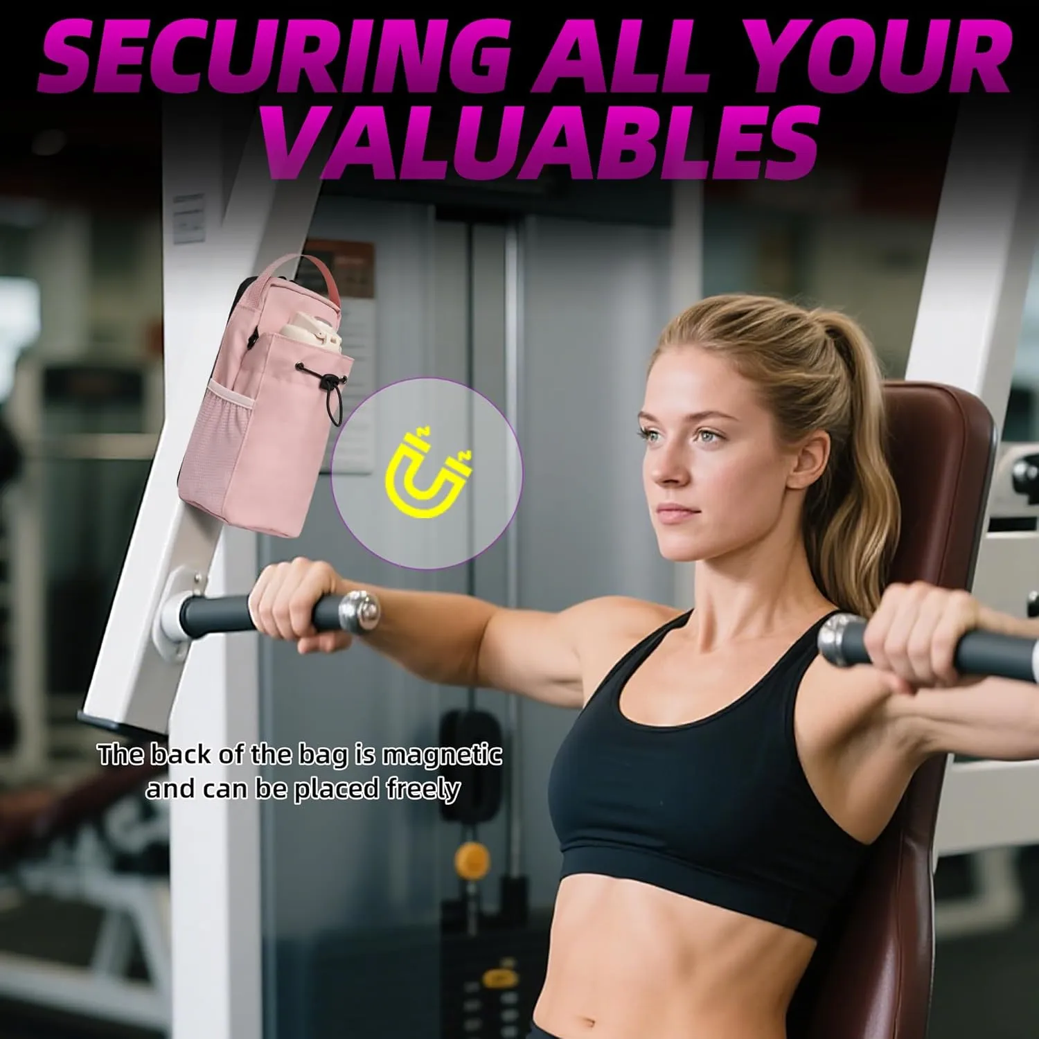 Magnetic Gym Bag for Women - Small Magnetic Sling Bag with Water Bottle Holder for Workout, Travel and Sports (Pink)