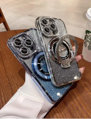 Magnetic Kickstand (Glitter Lens Protector ) Case for iPhone 15 14 13 12 Pro Max (Compatible with Magsafe ) Sparkling Diamond Cover Glitter Shiny Rhinestone Cases (Silver,for iPhone 15 Pro)