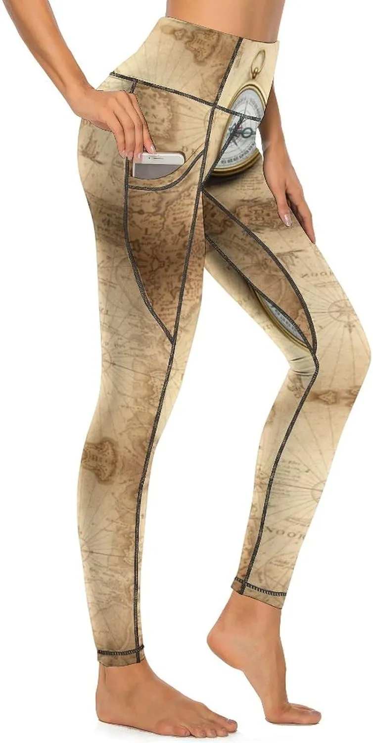 Magnetic Old Compass On World Map Leggings for Women, High Waisted Soft Yoga Pants Workout Leggings with Pockets