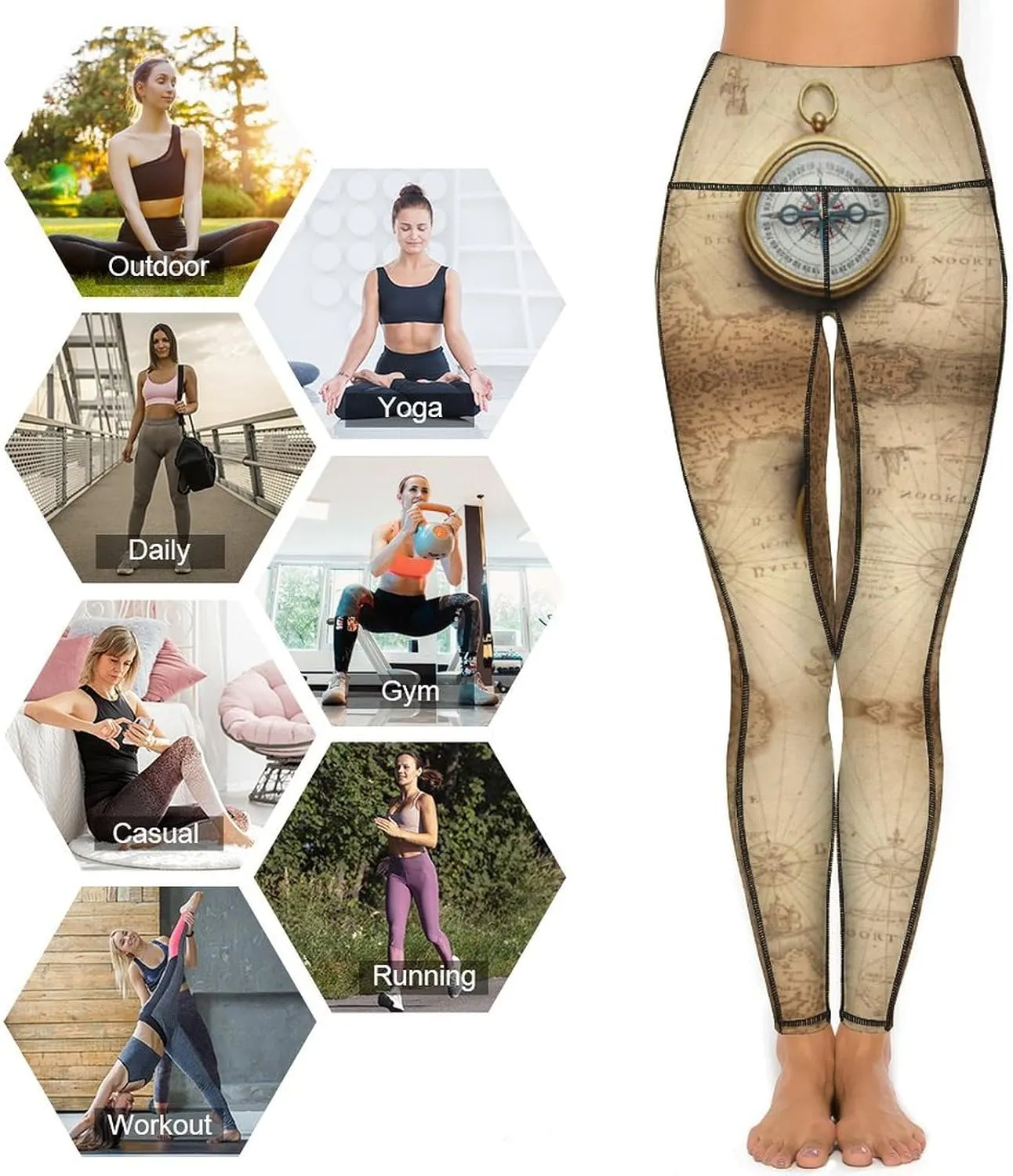 Magnetic Old Compass On World Map Leggings for Women, High Waisted Soft Yoga Pants Workout Leggings with Pockets