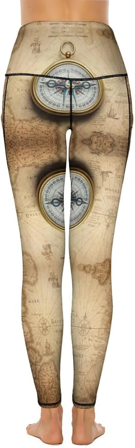 Magnetic Old Compass On World Map Leggings for Women, High Waisted Soft Yoga Pants Workout Leggings with Pockets