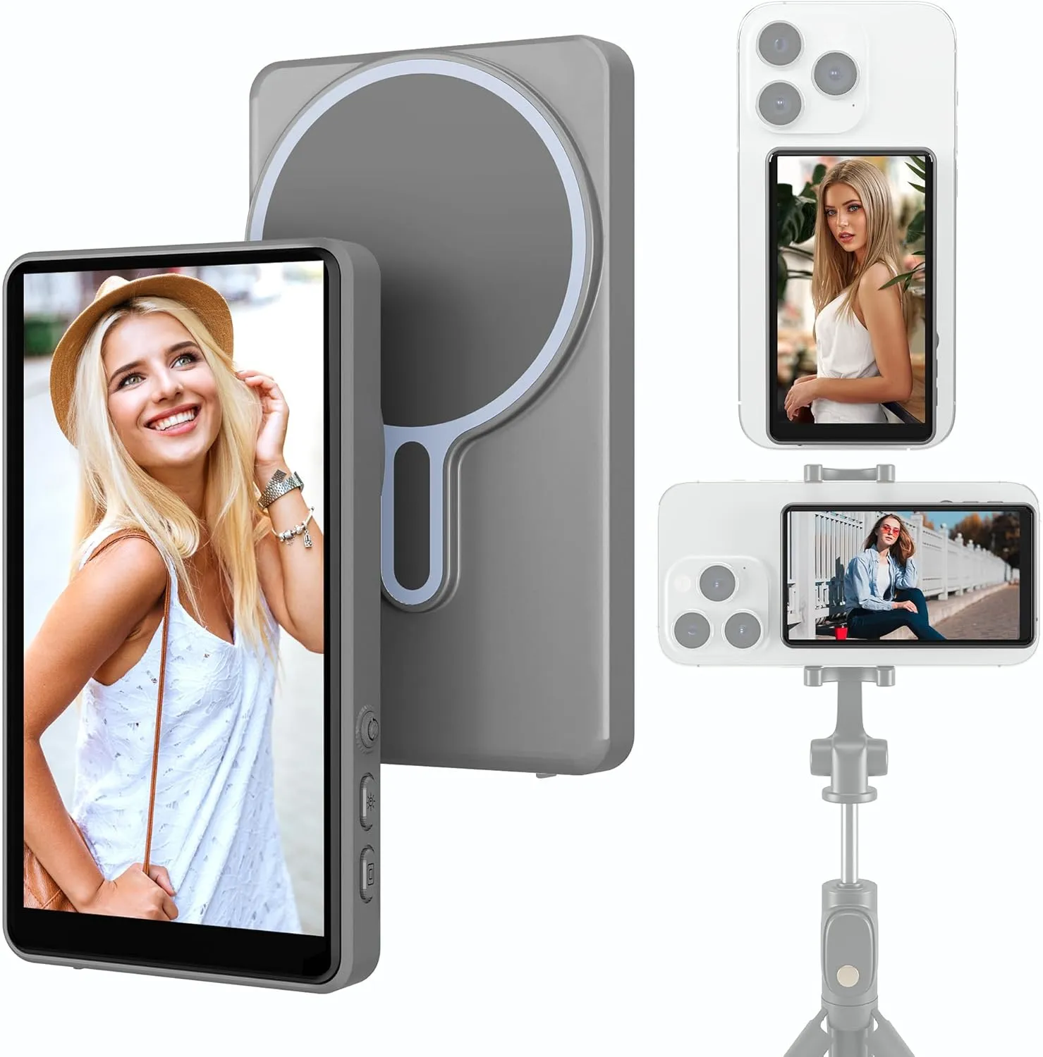 Magnetic Phone Vlog Selfie Monitor Screen，Using Phone Rear Camera for Selfie Vlog Live Stream TikTok, Compatible with iPhone & Android， A Choice for Photography Enthusiasts (Grey)