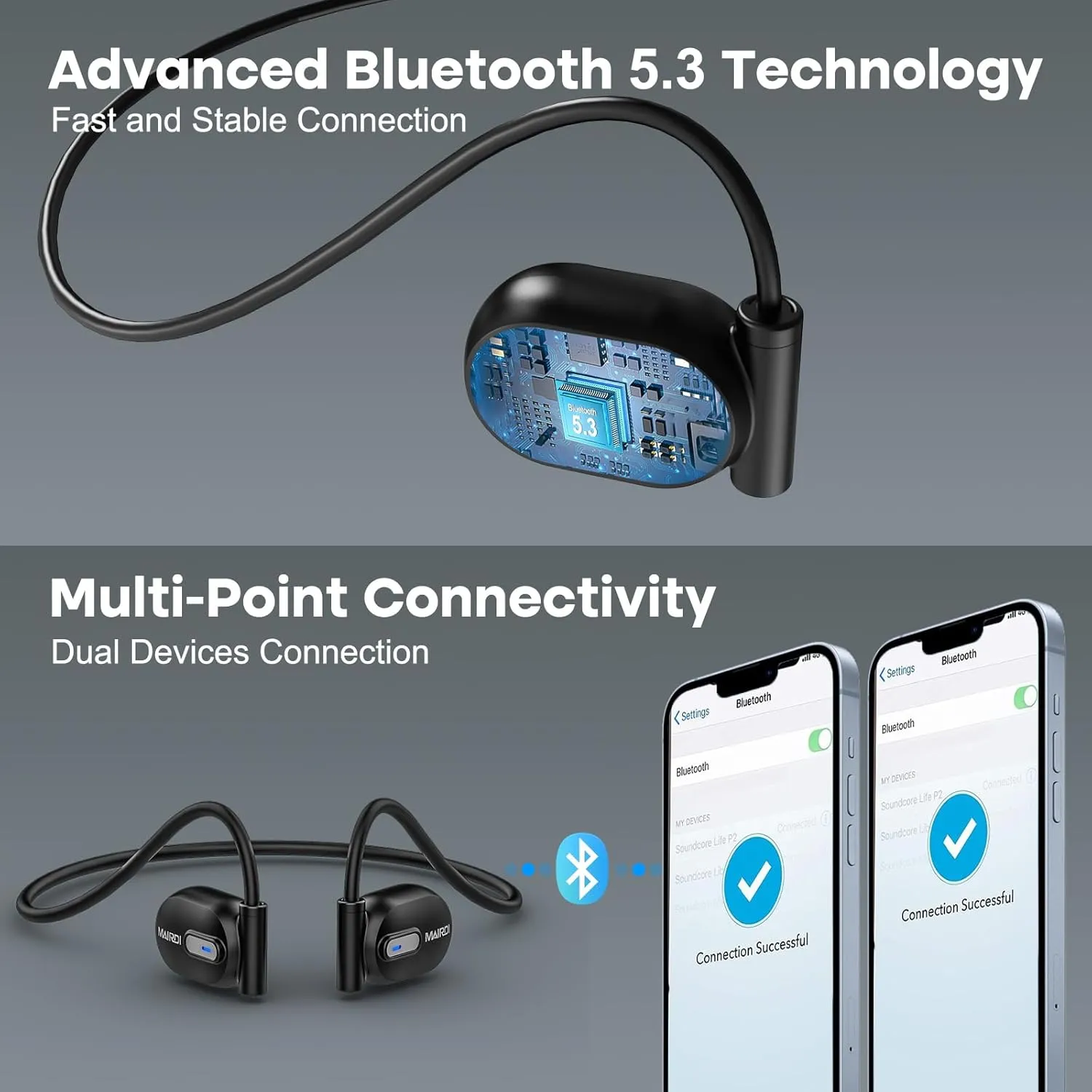 MAIRDI Air Conduction Wireless Headphone Open Ear Headphones Bluetooth 5.3 Sport Earbuds with Premium Sound, 8H Playtime, Mic Noise Reduction Earphone for Running Cycling Black