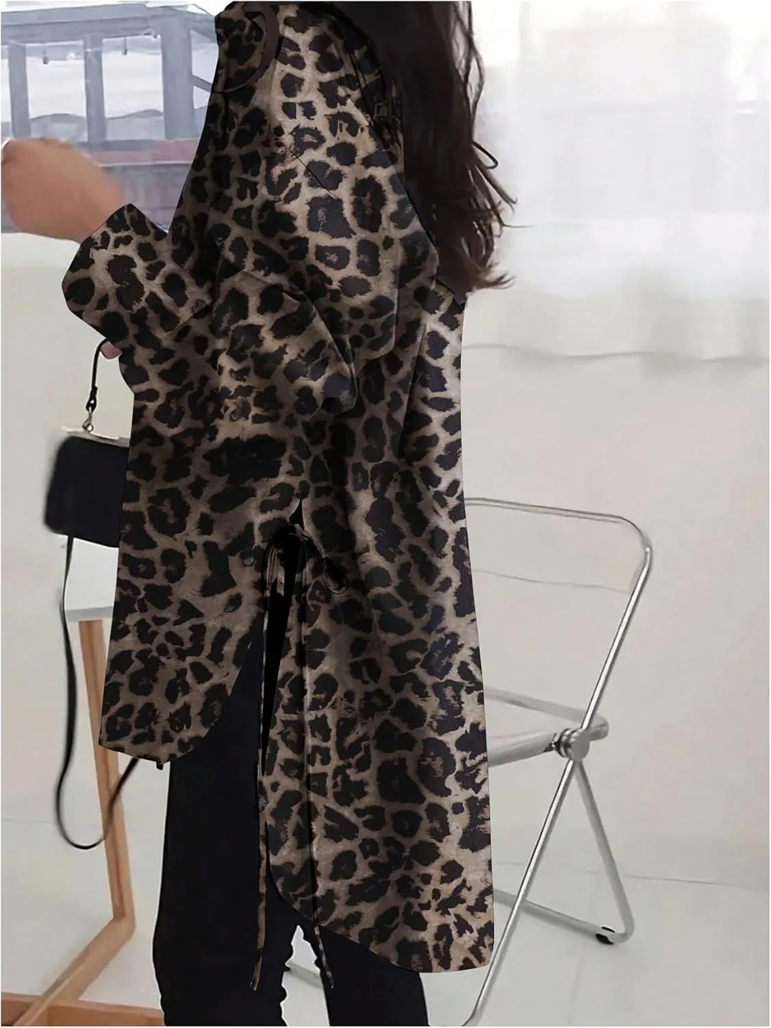 MakeMeChic Women's Leopard Print Oversized Long Sleeve Collared Button Down Shirt Blouse Tops