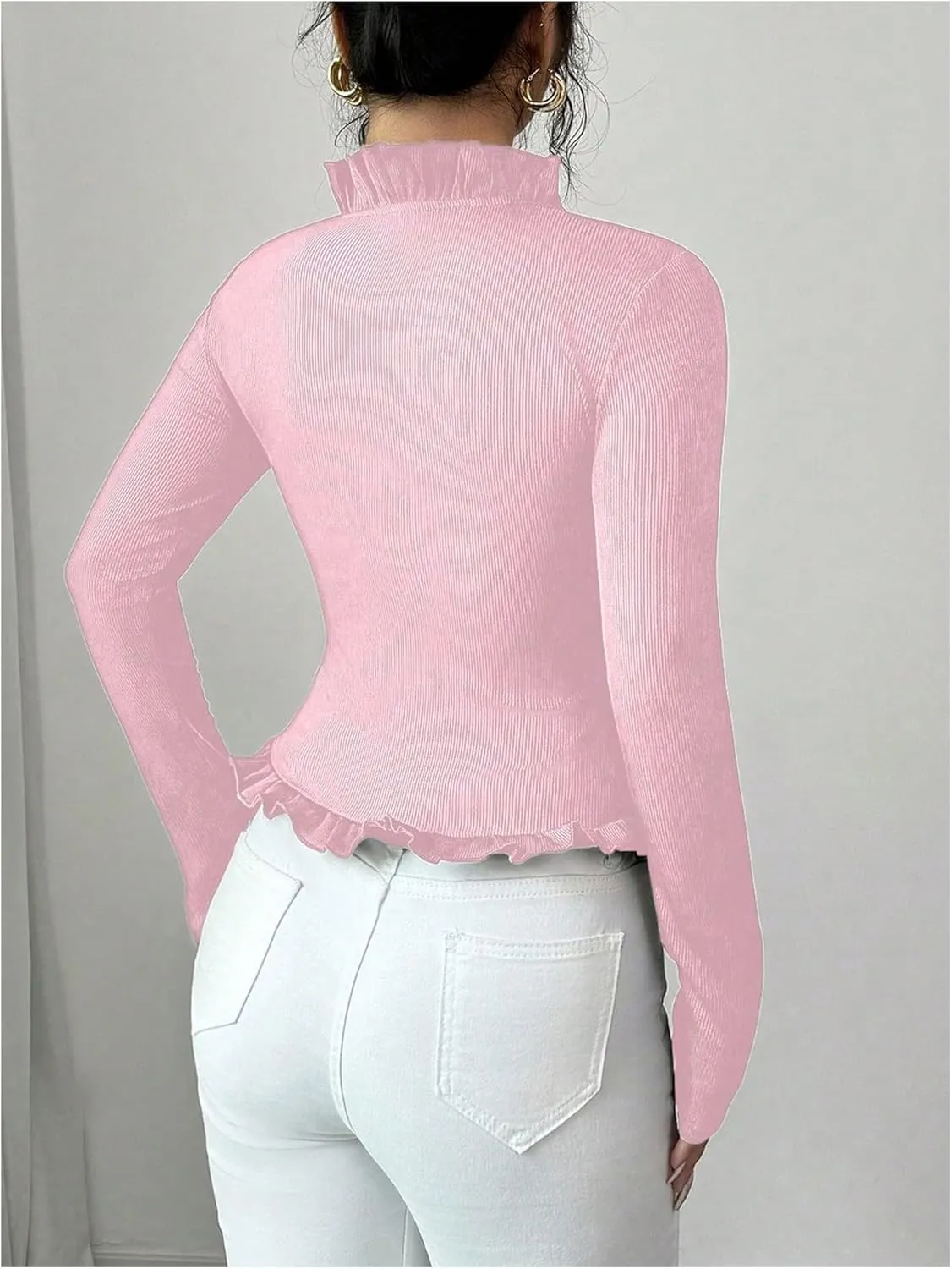 MakeMeChic Women's Rhinestone Bow Knot T Shirt Mock Neck Long Sleeve Ruffle Trim Tee Top
