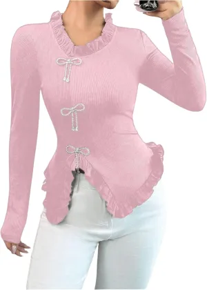 MakeMeChic Women's Rhinestone Bow Knot T Shirt Mock Neck Long Sleeve Ruffle Trim Tee Top