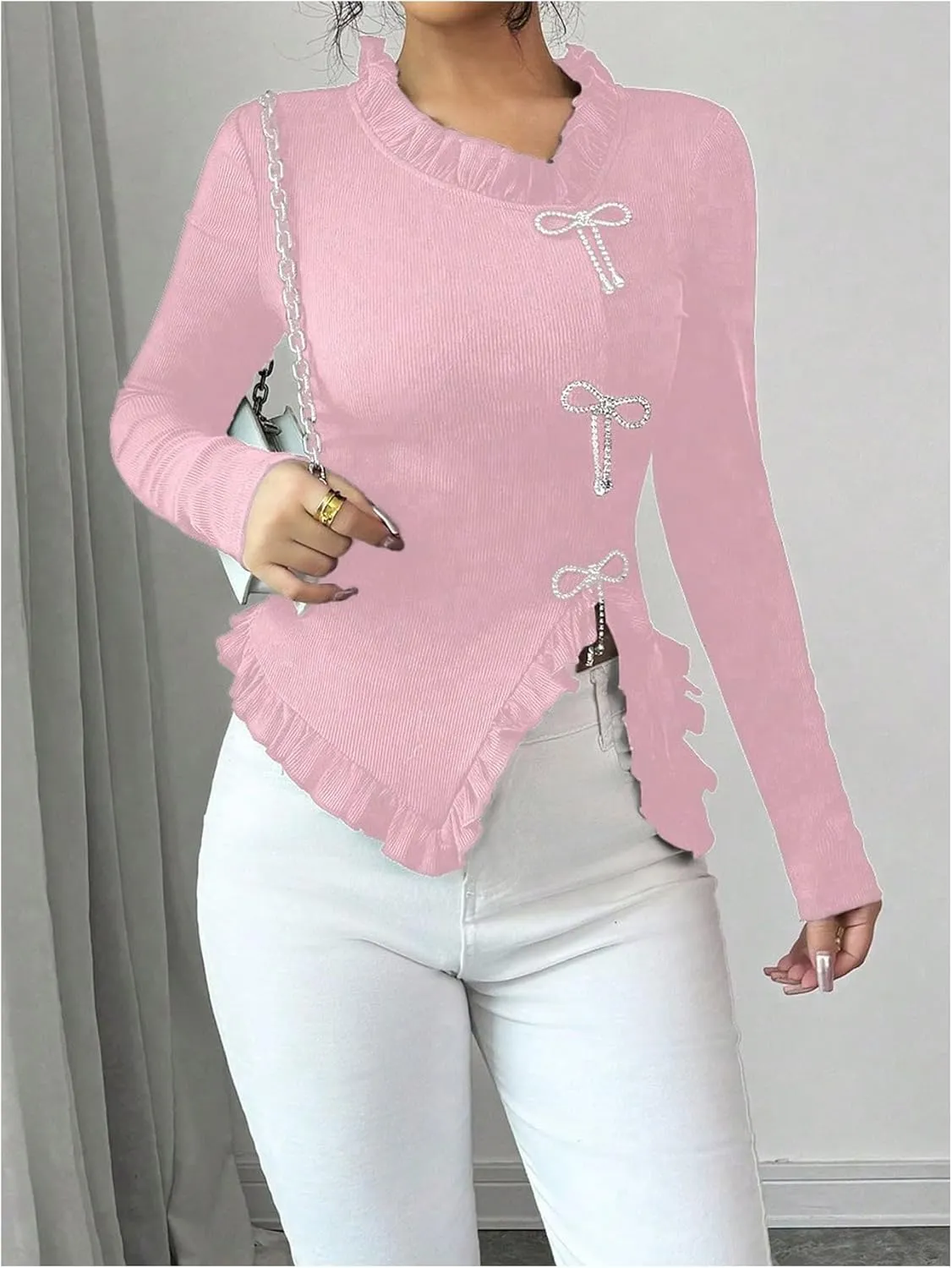 MakeMeChic Women's Rhinestone Bow Knot T Shirt Mock Neck Long Sleeve Ruffle Trim Tee Top