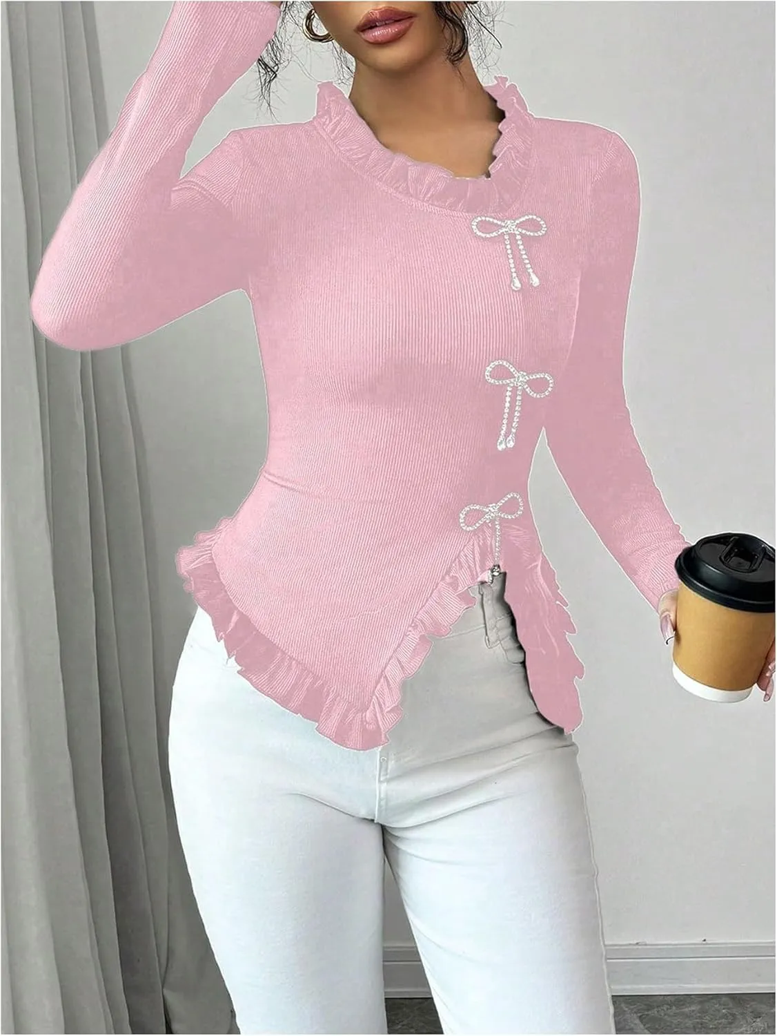 MakeMeChic Women's Rhinestone Bow Knot T Shirt Mock Neck Long Sleeve Ruffle Trim Tee Top