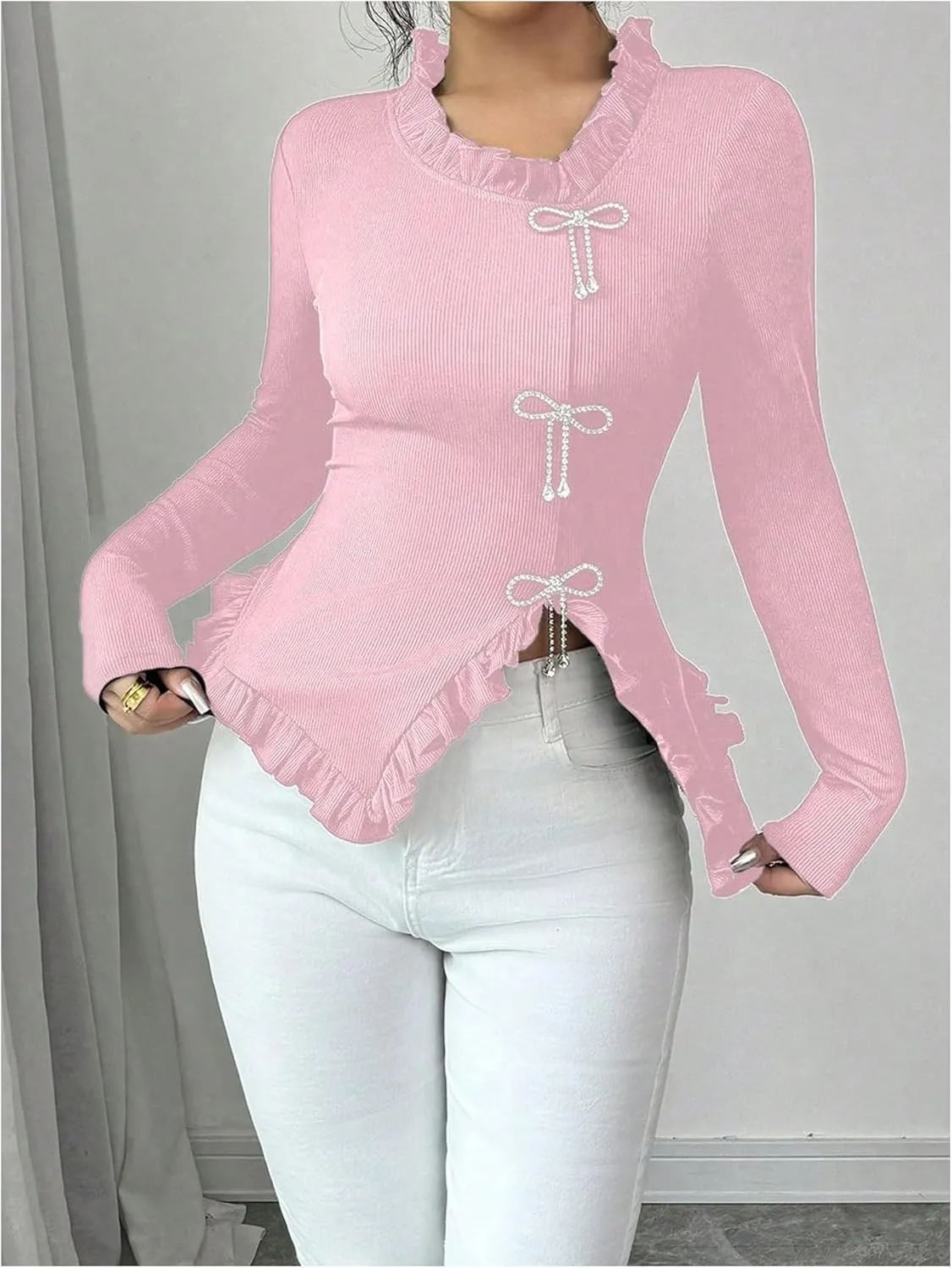 MakeMeChic Women's Rhinestone Bow Knot T Shirt Mock Neck Long Sleeve Ruffle Trim Tee Top