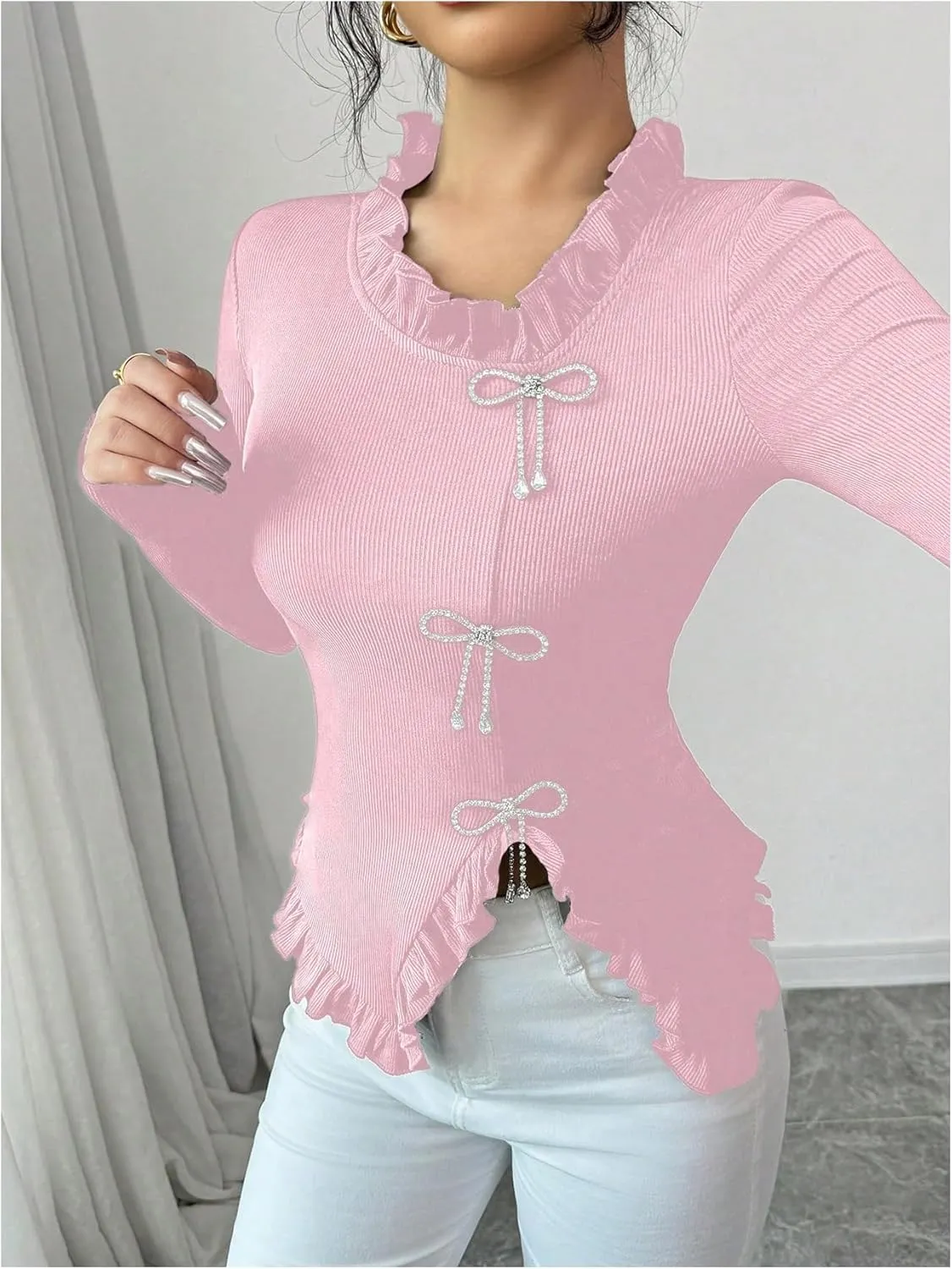 MakeMeChic Women's Rhinestone Bow Knot T Shirt Mock Neck Long Sleeve Ruffle Trim Tee Top