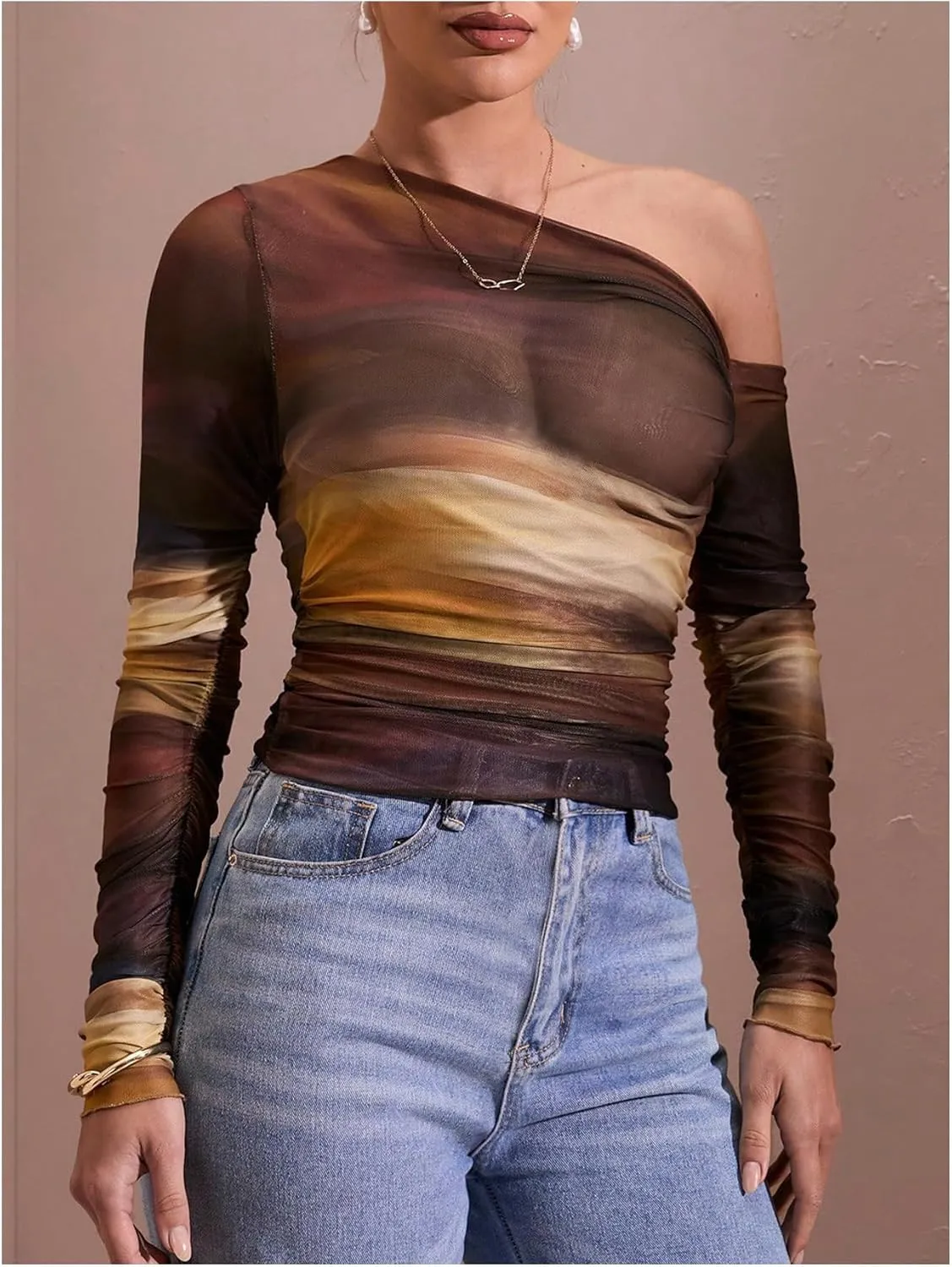 MakeMeChic Women's Tie Dye Asymmetrical Neck Long Sleeve Ruched Tee Shirt Crop Tops
