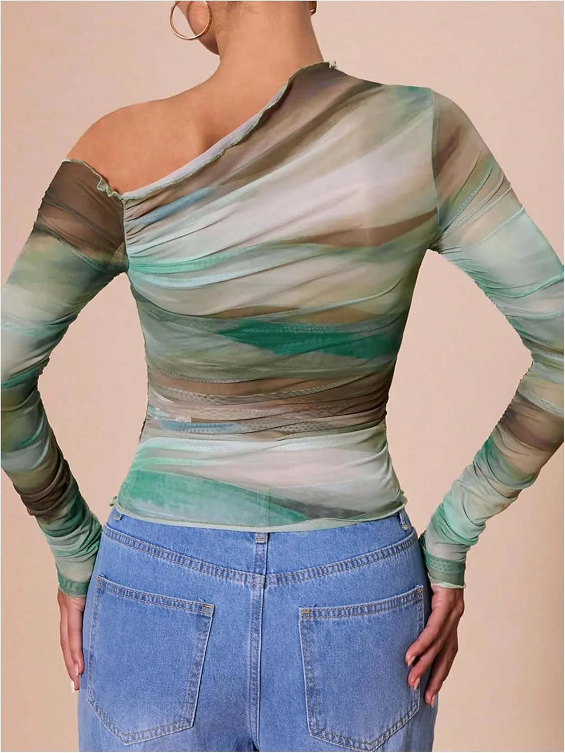 MakeMeChic Women's Tie Dye Asymmetrical Neck Long Sleeve Ruched Tee Shirt Crop Tops