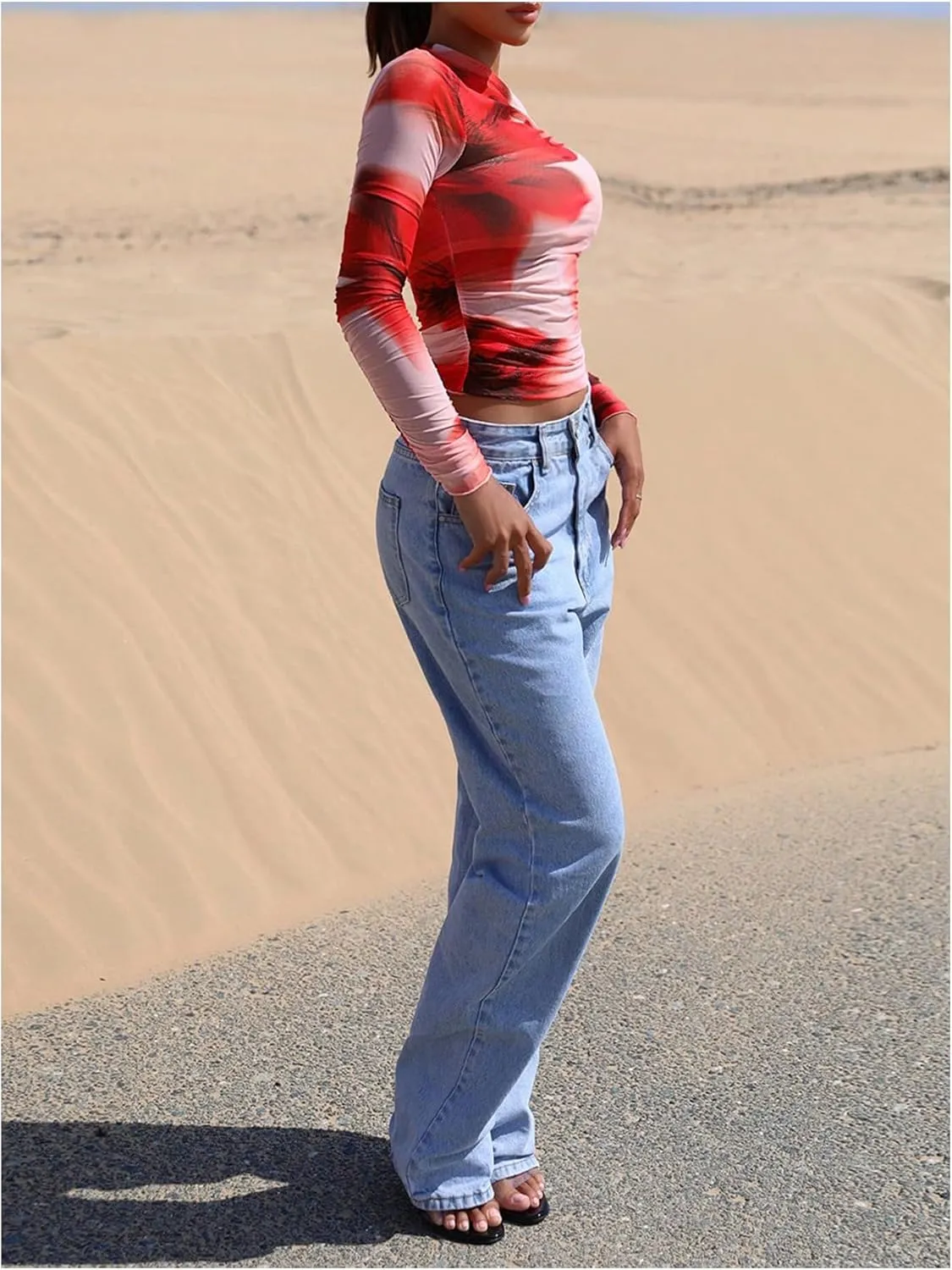 MakeMeChic Women's Tie Dye Asymmetrical Neck Long Sleeve Ruched Tee Shirt Crop Tops