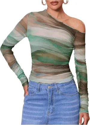 MakeMeChic Women's Tie Dye Asymmetrical Neck Long Sleeve Ruched Tee Shirt Crop Tops